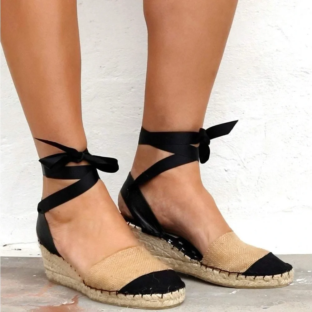 Black & Beige Ankle Tie Espadrille Wedges | Low Heel | Size 39